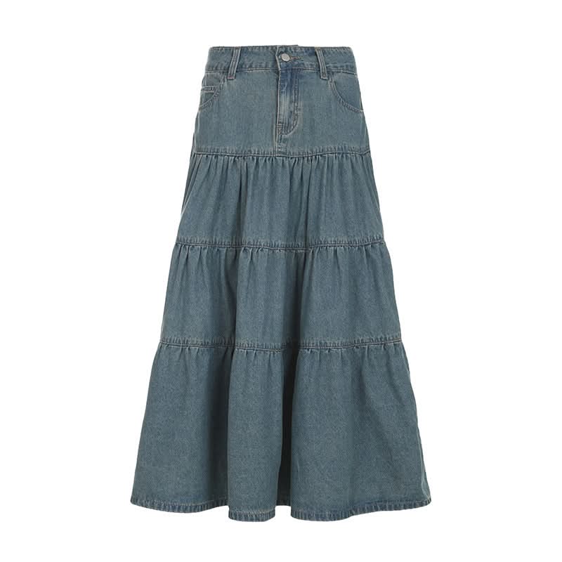 Effortless Fall Chic: Women's Tiered Denim Maxi Skirt with Pockets