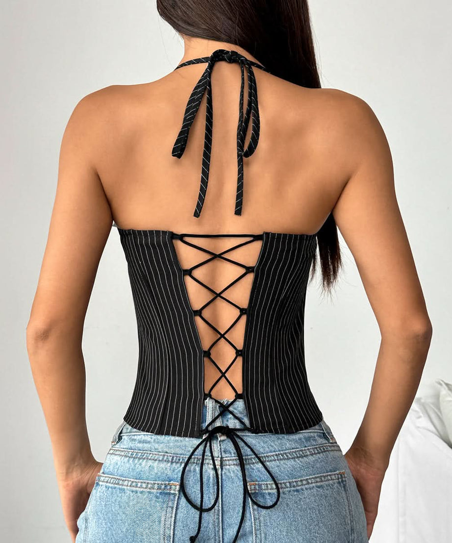 Chic Pinstripe Halter Corset Top with White Collar - Fall & Holiday Statement Piece