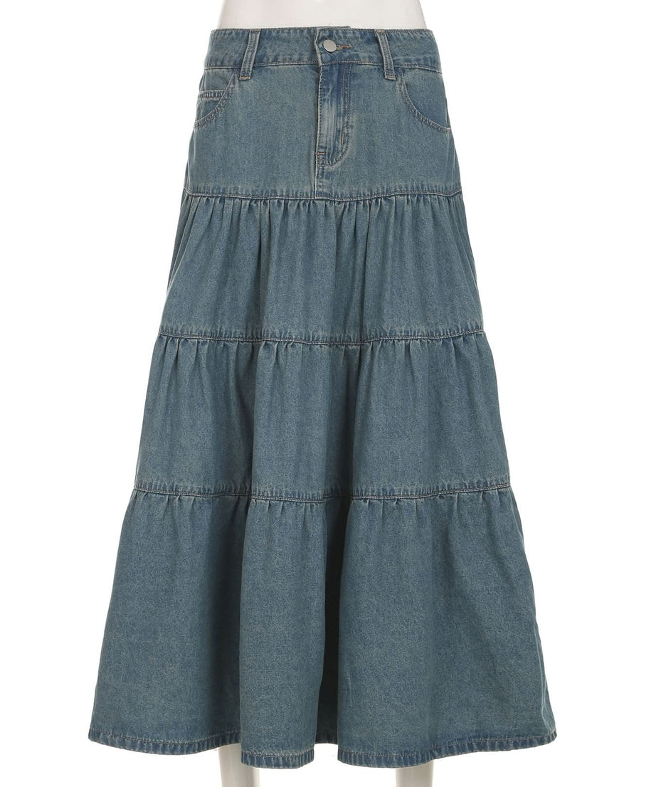 Effortless Fall Chic: Women's Tiered Denim Maxi Skirt with Pockets