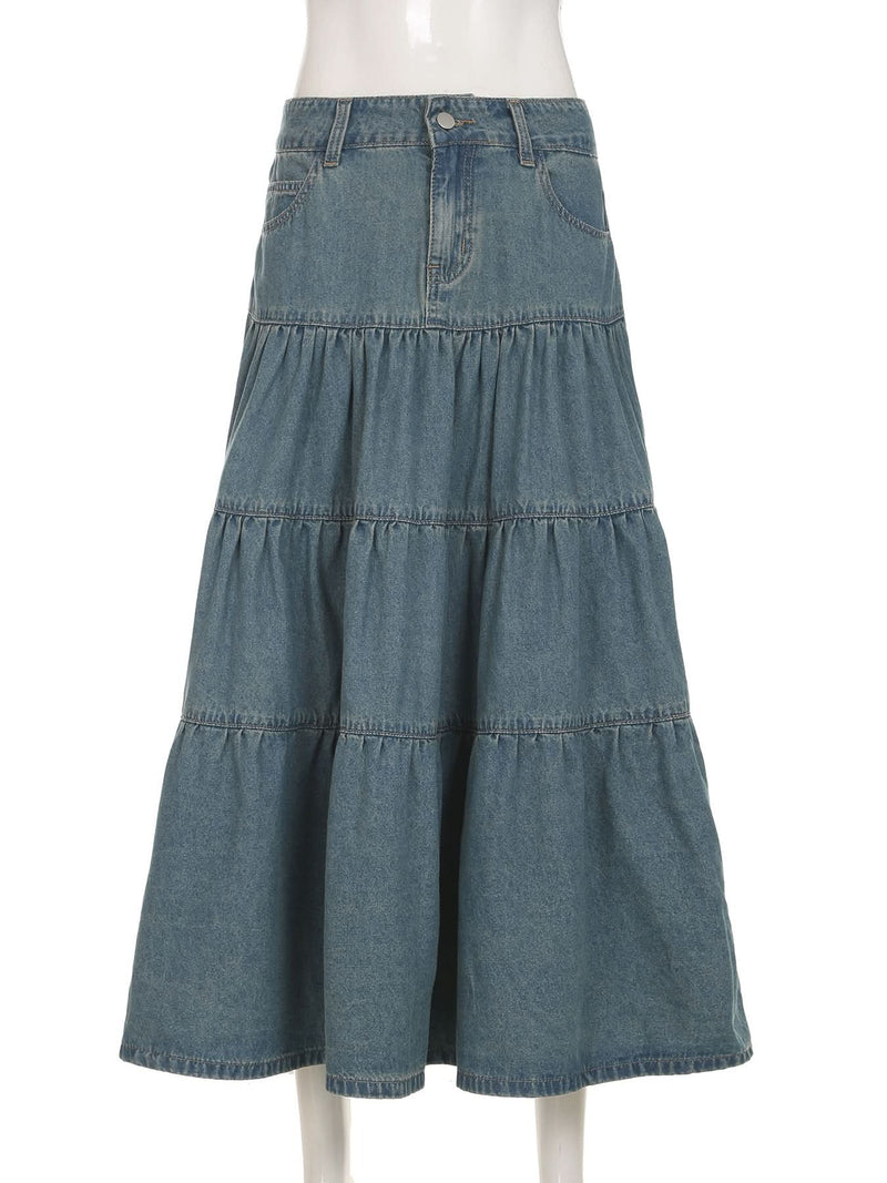 Effortless Fall Chic: Women's Tiered Denim Maxi Skirt with Pockets