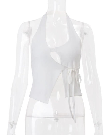 Chic White Halter Cut-Out Crop Top with Adjustable Tie Side – Perfect for Fall Layering & Nights Out