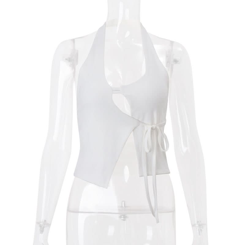 Chic White Halter Cut-Out Crop Top with Adjustable Tie Side – Perfect for Fall Layering & Nights Out