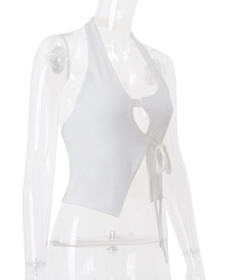 Chic White Halter Cut-Out Crop Top with Adjustable Tie Side – Perfect for Fall Layering & Nights Out