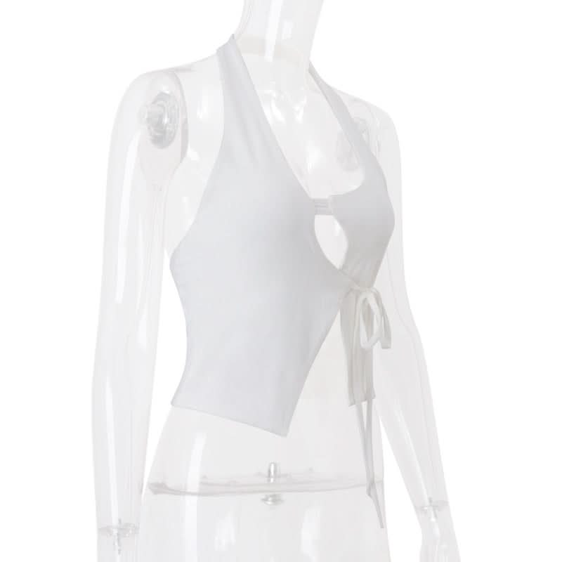 Chic White Halter Cut-Out Crop Top with Adjustable Tie Side – Perfect for Fall Layering & Nights Out