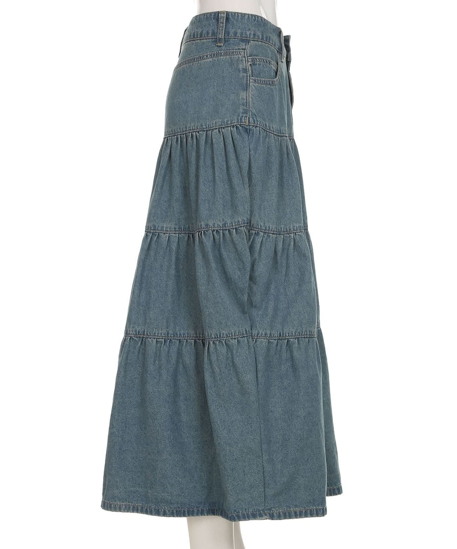Effortless Fall Chic: Women's Tiered Denim Maxi Skirt with Pockets