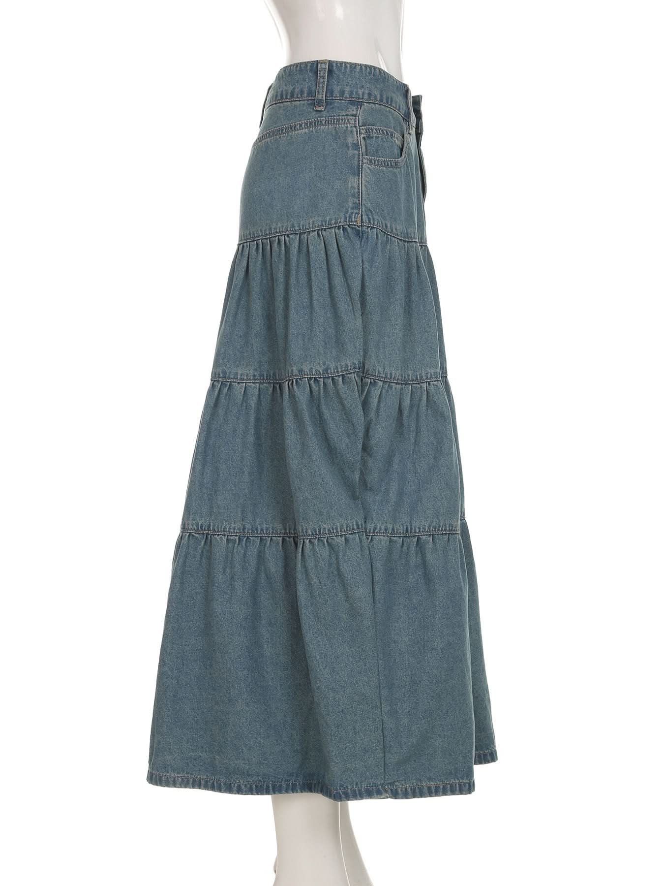 Effortless Fall Chic: Women's Tiered Denim Maxi Skirt with Pockets