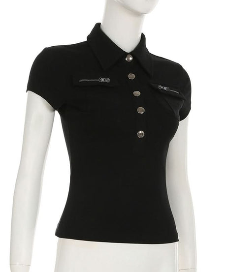 Chic Black Ribbed Knit Polo Top with Zipper & Silver Button Details | Fall Wardrobe Essential