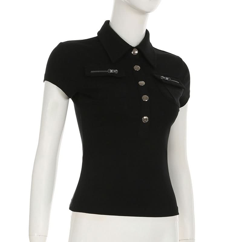 Chic Black Ribbed Knit Polo Top with Zipper & Silver Button Details | Fall Wardrobe Essential