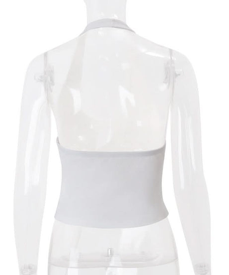 Chic White Halter Cut-Out Crop Top with Adjustable Tie Side – Perfect for Fall Layering & Nights Out