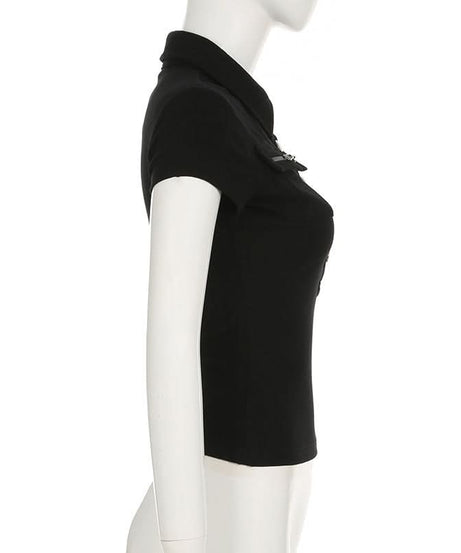 Chic Black Ribbed Knit Polo Top with Zipper & Silver Button Details | Fall Wardrobe Essential