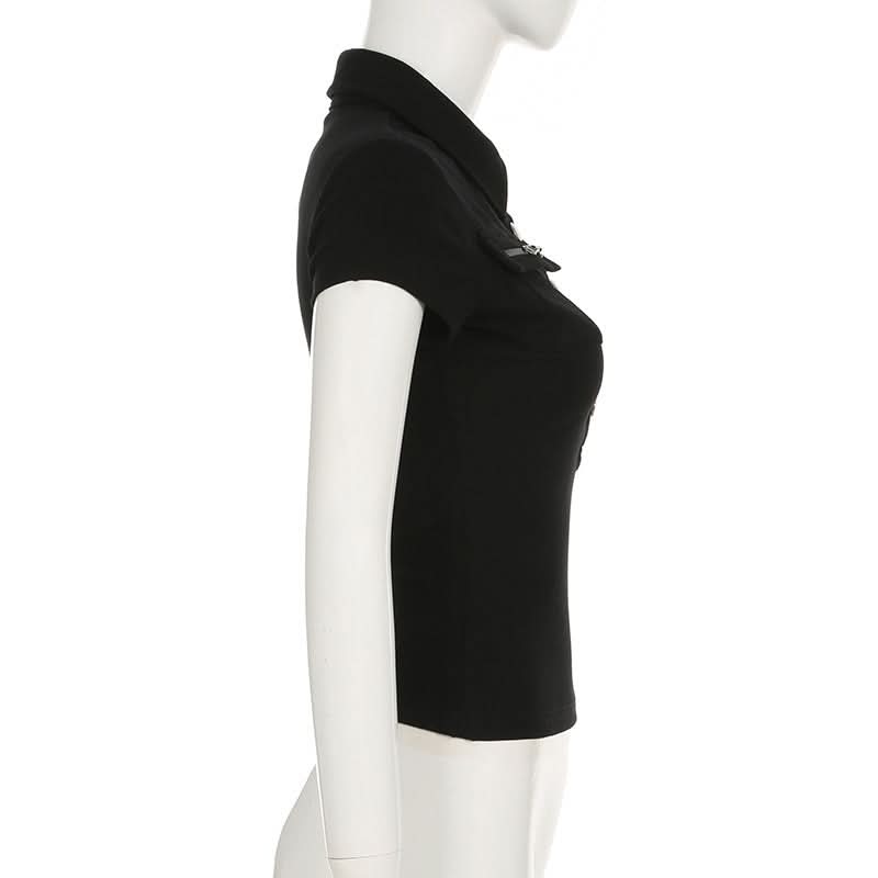Chic Black Ribbed Knit Polo Top with Zipper & Silver Button Details | Fall Wardrobe Essential