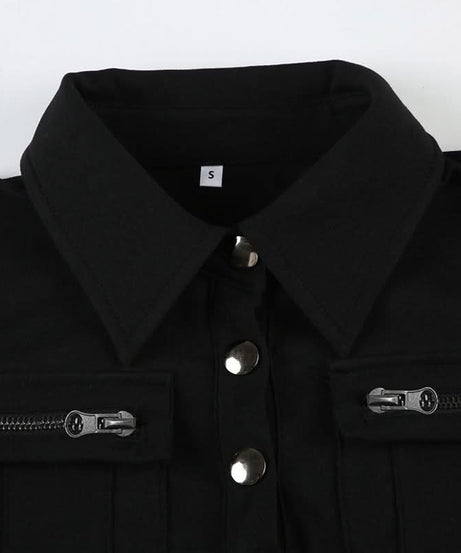 Chic Black Ribbed Knit Polo Top with Zipper & Silver Button Details | Fall Wardrobe Essential