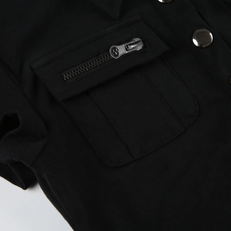 Chic Black Ribbed Knit Polo Top with Zipper & Silver Button Details | Fall Wardrobe Essential