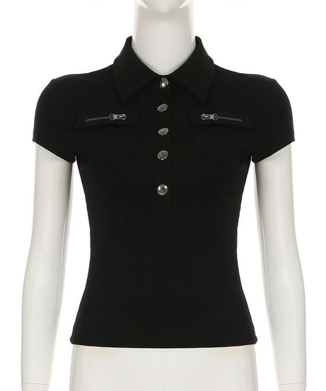 Chic Black Ribbed Knit Polo Top with Zipper & Silver Button Details | Fall Wardrobe Essential