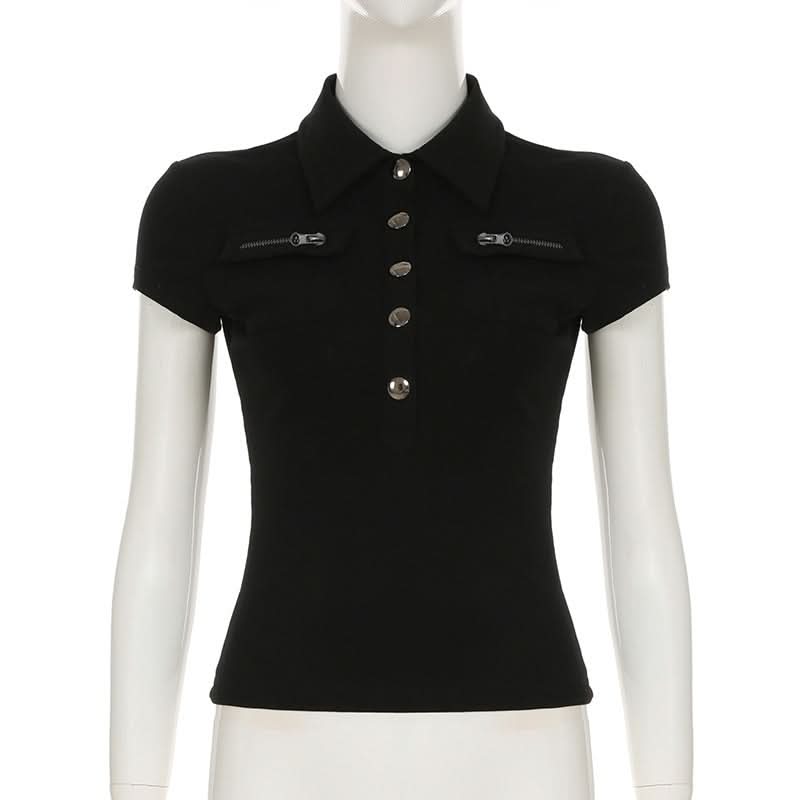 Chic Black Ribbed Knit Polo Top with Zipper & Silver Button Details | Fall Wardrobe Essential