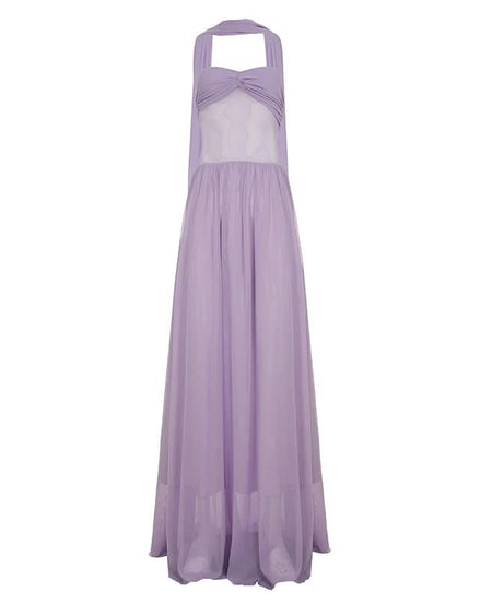 Elegant Lavender Halter Maxi Dress - Sweetheart Ruched Mesh Bodice for Autumn Soirees