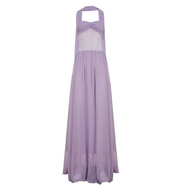 Elegant Lavender Halter Maxi Dress - Sweetheart Ruched Mesh Bodice for Autumn Soirees