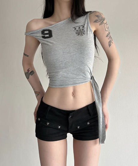 Y2K Asymmetrical '9' Graphic Crop Top - Knotted One-Shoulder Fall Style