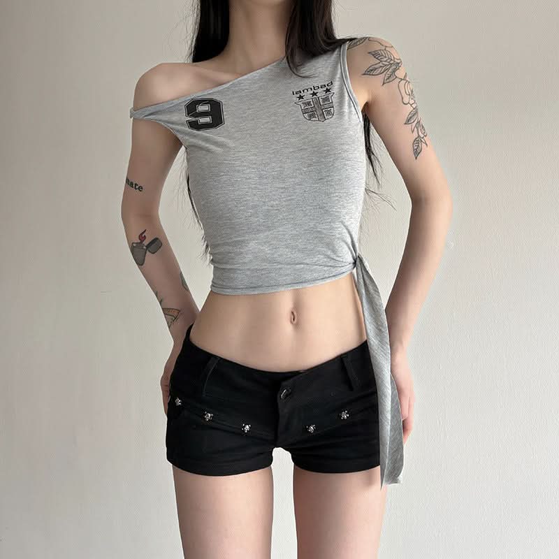 Y2K Asymmetrical '9' Graphic Crop Top - Knotted One-Shoulder Fall Style