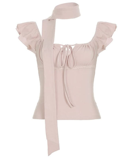 Blush Pink Romantic Square Neck Top with Versatile Ribbon Tie | Chic Fall Transition Cap Sleeve Blouse for Women