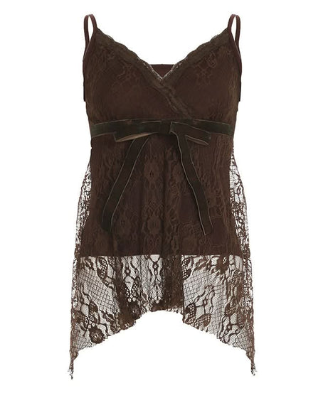 Autumn Romance: Elegant Chocolate Lace V-Neck Cami Top with Velvet Bow | Fall Layering Essential