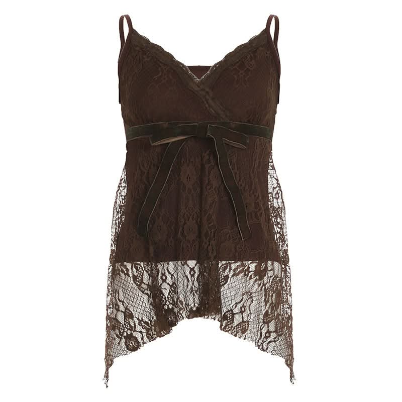 Autumn Romance: Elegant Chocolate Lace V-Neck Cami Top with Velvet Bow | Fall Layering Essential