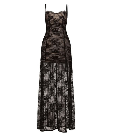 Sultry Sheer Lace Overlay Maxi Dress | High Slit Ruched Bodycon Cami for Fall & Holiday Glam
