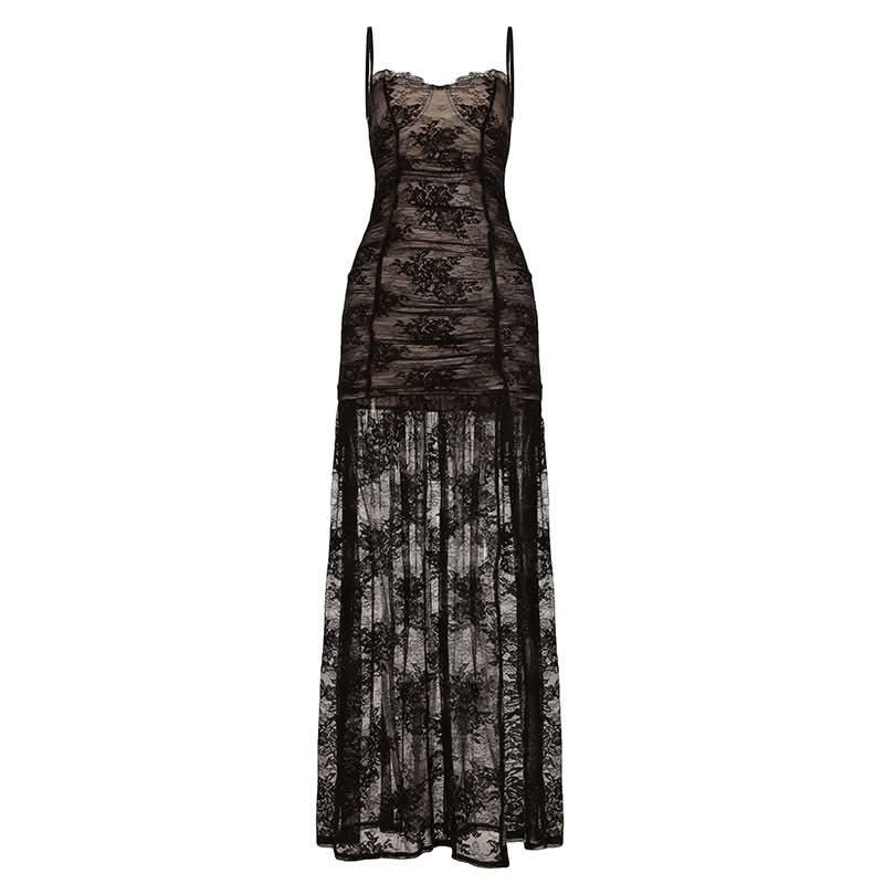 Sultry Sheer Lace Overlay Maxi Dress | High Slit Ruched Bodycon Cami for Fall & Holiday Glam