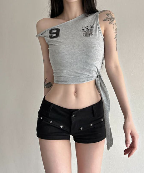 Y2K Asymmetrical '9' Graphic Crop Top - Knotted One-Shoulder Fall Style