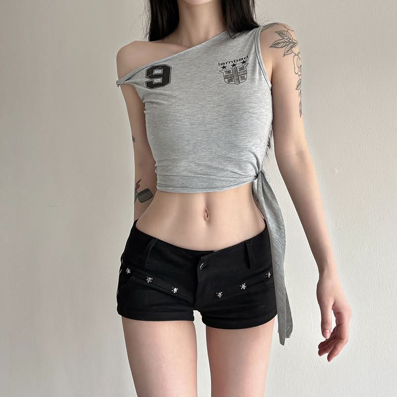 Y2K Asymmetrical '9' Graphic Crop Top - Knotted One-Shoulder Fall Style