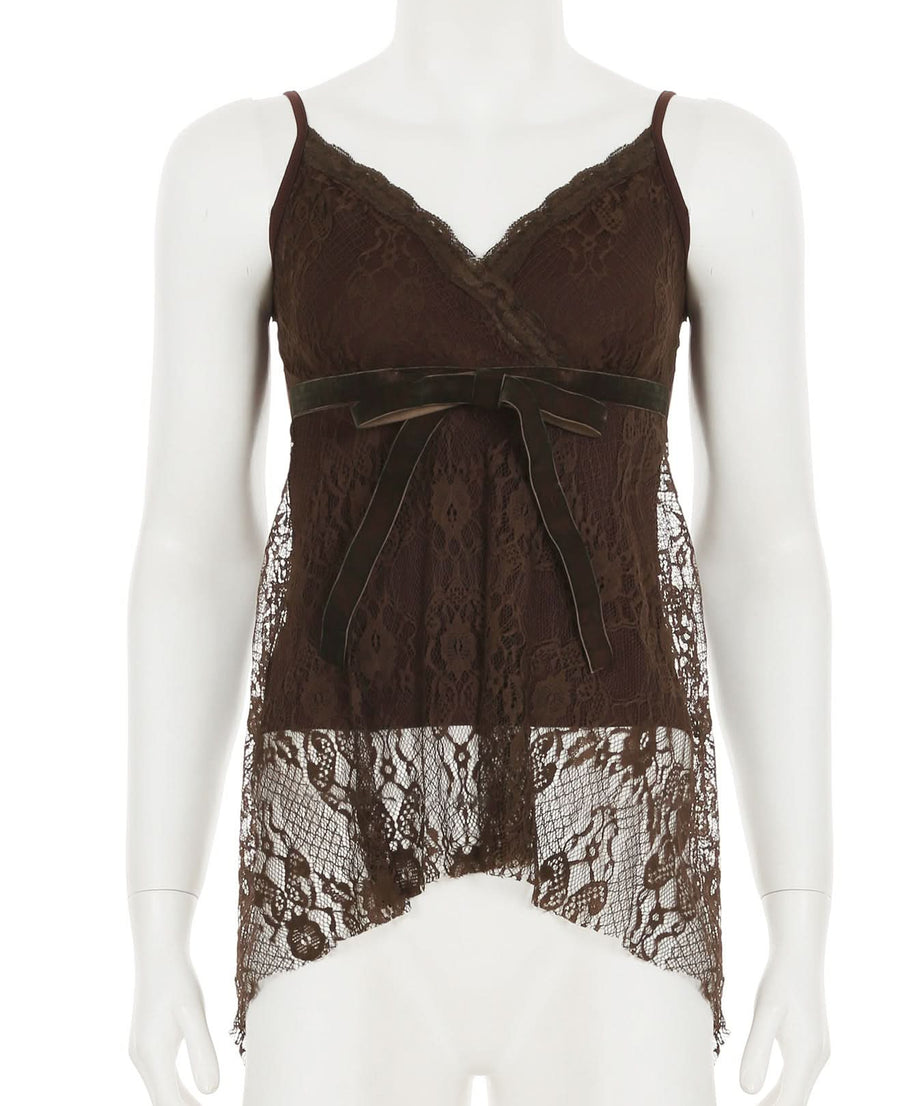 Autumn Romance: Elegant Chocolate Lace V-Neck Cami Top with Velvet Bow | Fall Layering Essential