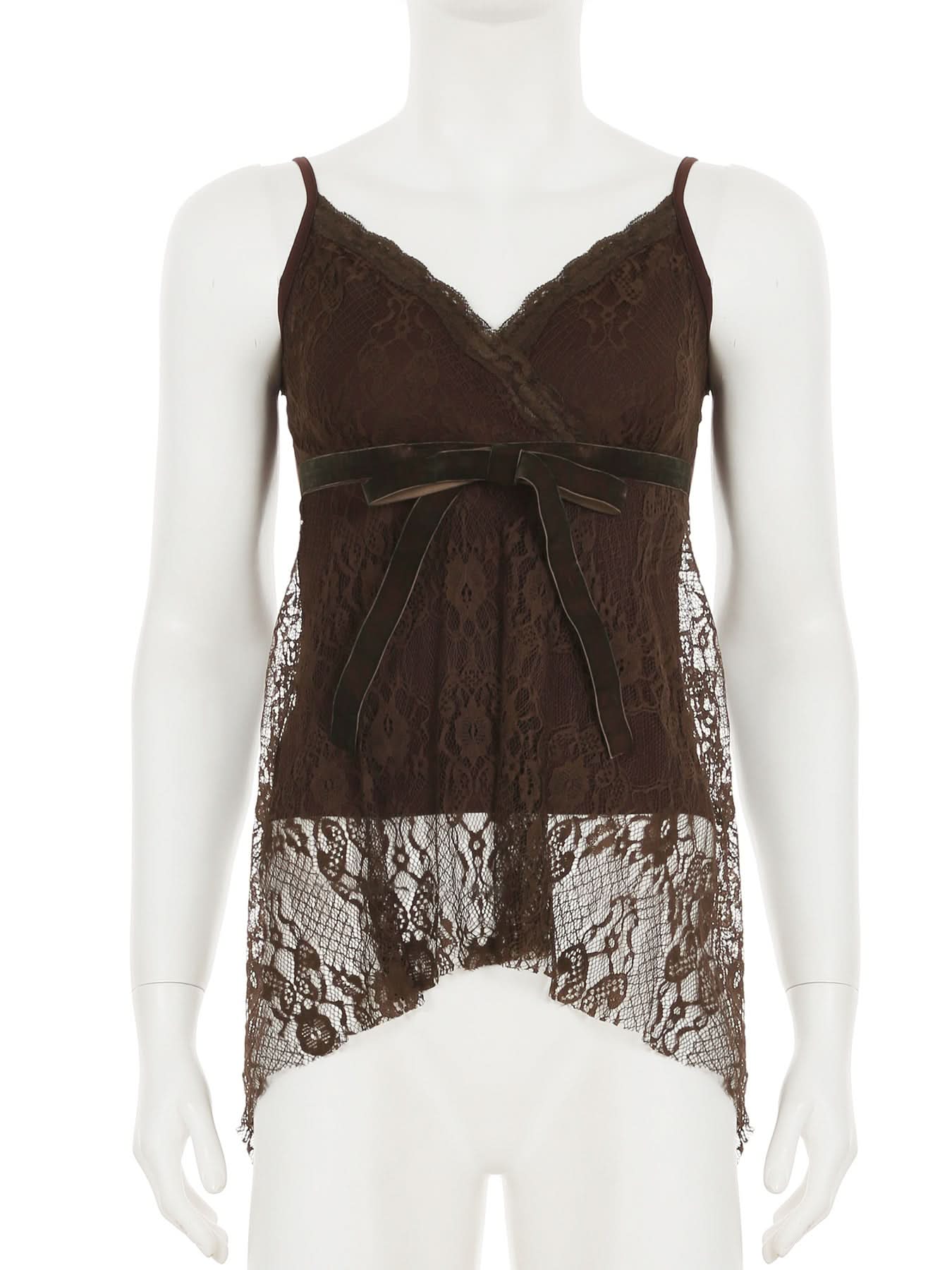 Autumn Romance: Elegant Chocolate Lace V-Neck Cami Top with Velvet Bow | Fall Layering Essential