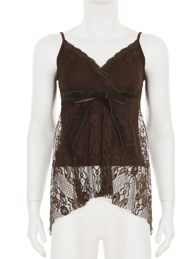 Autumn Romance: Elegant Chocolate Lace V-Neck Cami Top with Velvet Bow | Fall Layering Essential