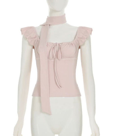 Blush Pink Romantic Square Neck Top with Versatile Ribbon Tie | Chic Fall Transition Cap Sleeve Blouse for Women