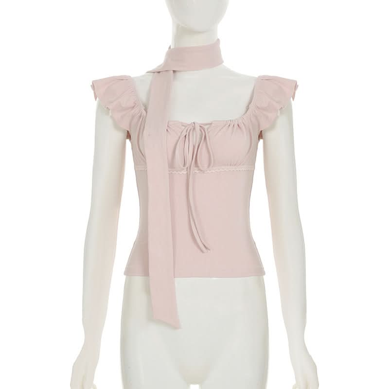 Blush Pink Romantic Square Neck Top with Versatile Ribbon Tie | Chic Fall Transition Cap Sleeve Blouse for Women