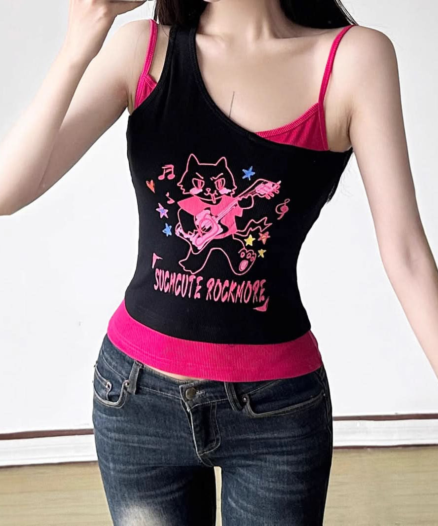 Spooky-Cute Rocker Cat Asymmetrical Tank Top – Pink & Black Y2K Fall Layering Essential