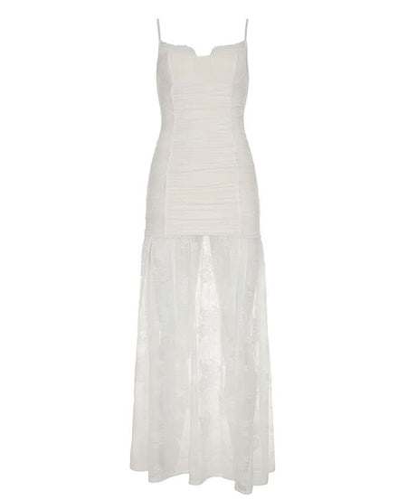 Sultry Sheer Lace Overlay Maxi Dress | High Slit Ruched Bodycon Cami for Fall & Holiday Glam