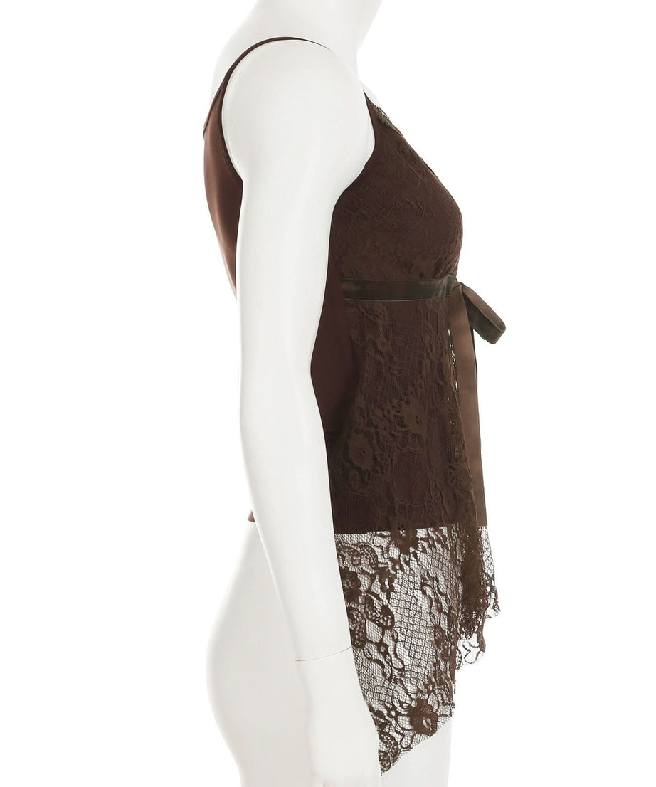 Autumn Romance: Elegant Chocolate Lace V-Neck Cami Top with Velvet Bow | Fall Layering Essential