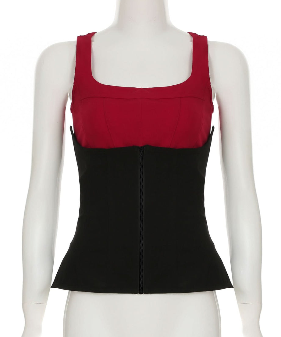 Fall Chic 2-in-1 Sculpting Square Neck Corset Tank Top - Red & Black