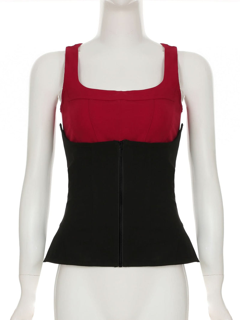 Fall Chic 2-in-1 Sculpting Square Neck Corset Tank Top - Red & Black
