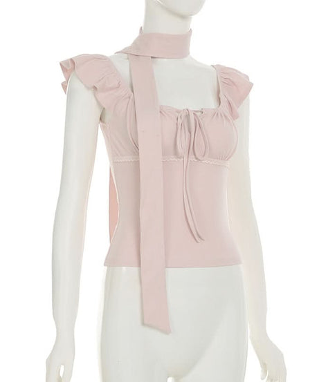 Blush Pink Romantic Square Neck Top with Versatile Ribbon Tie | Chic Fall Transition Cap Sleeve Blouse for Women