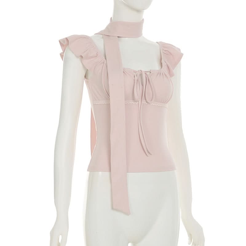 Blush Pink Romantic Square Neck Top with Versatile Ribbon Tie | Chic Fall Transition Cap Sleeve Blouse for Women