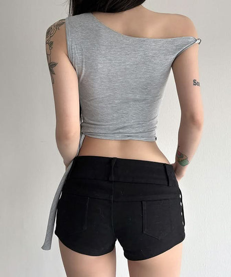 Y2K Asymmetrical '9' Graphic Crop Top - Knotted One-Shoulder Fall Style