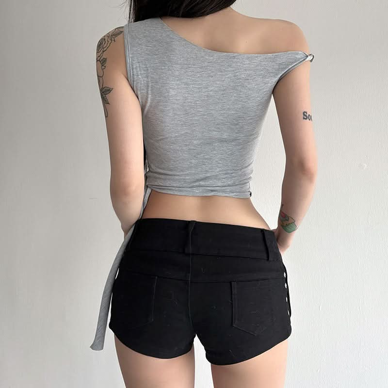 Y2K Asymmetrical '9' Graphic Crop Top - Knotted One-Shoulder Fall Style