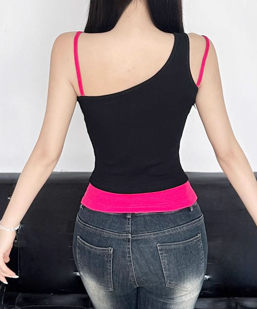 Spooky-Cute Rocker Cat Asymmetrical Tank Top – Pink & Black Y2K Fall Layering Essential