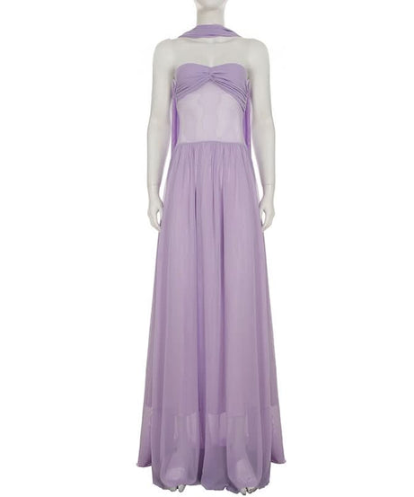 Elegant Lavender Halter Maxi Dress - Sweetheart Ruched Mesh Bodice for Autumn Soirees