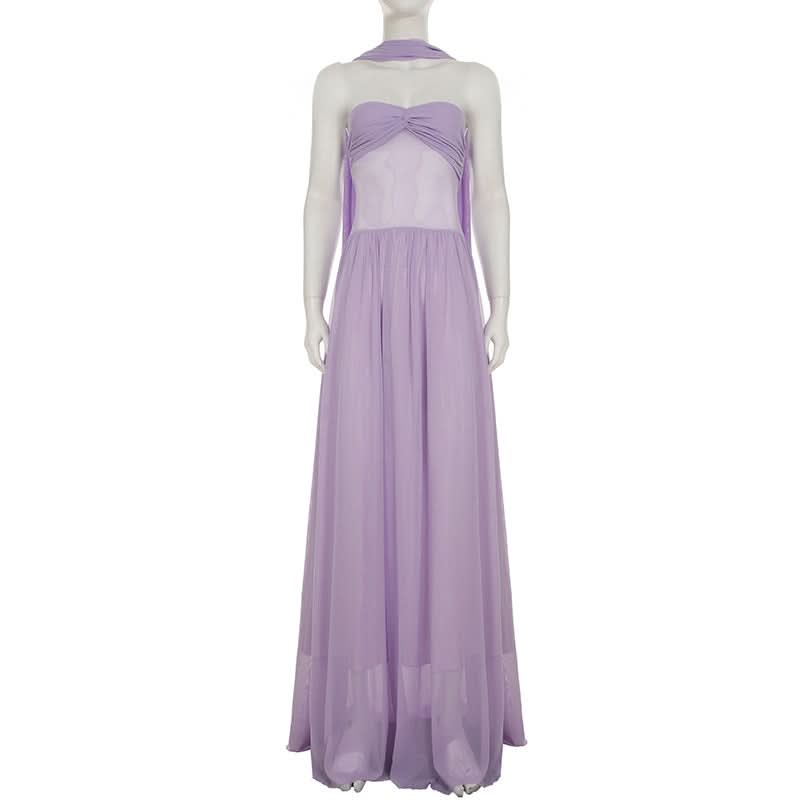 Elegant Lavender Halter Maxi Dress - Sweetheart Ruched Mesh Bodice for Autumn Soirees