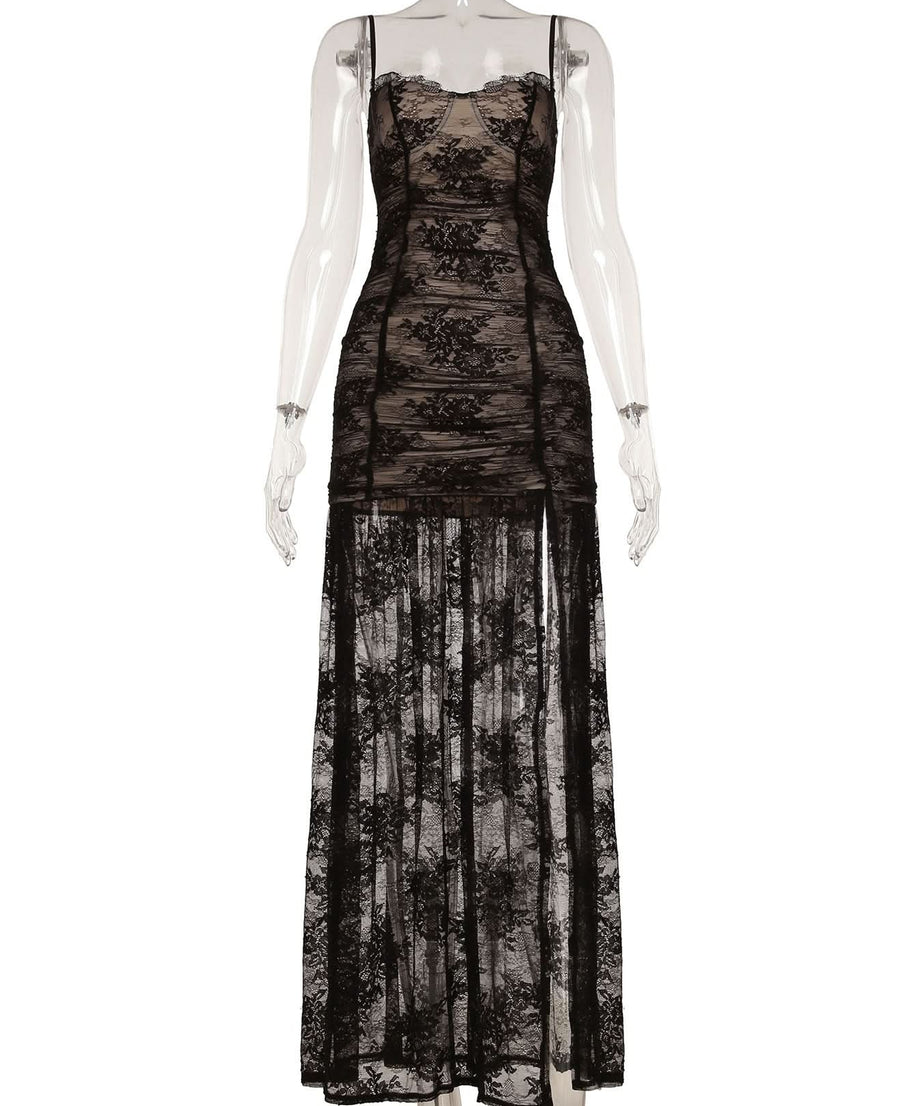 Sultry Sheer Lace Overlay Maxi Dress | High Slit Ruched Bodycon Cami for Fall & Holiday Glam