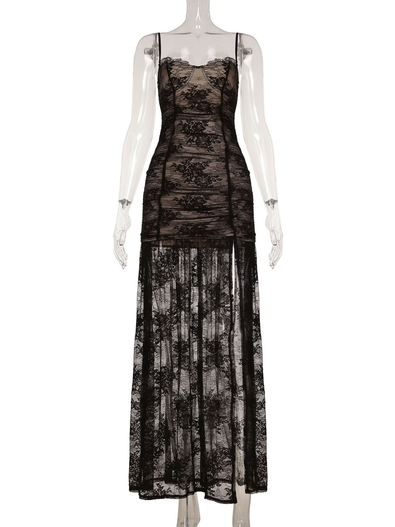 Sultry Sheer Lace Overlay Maxi Dress | High Slit Ruched Bodycon Cami for Fall & Holiday Glam