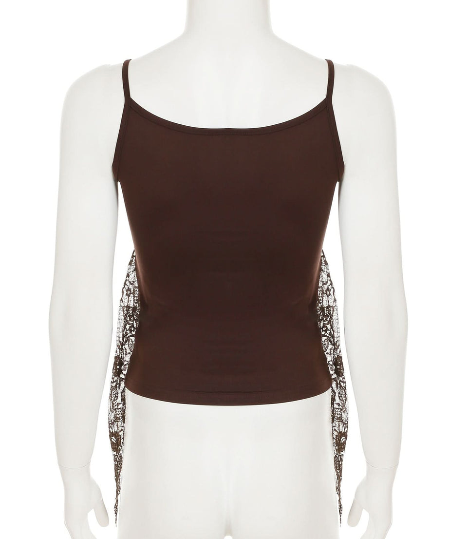 Autumn Romance: Elegant Chocolate Lace V-Neck Cami Top with Velvet Bow | Fall Layering Essential